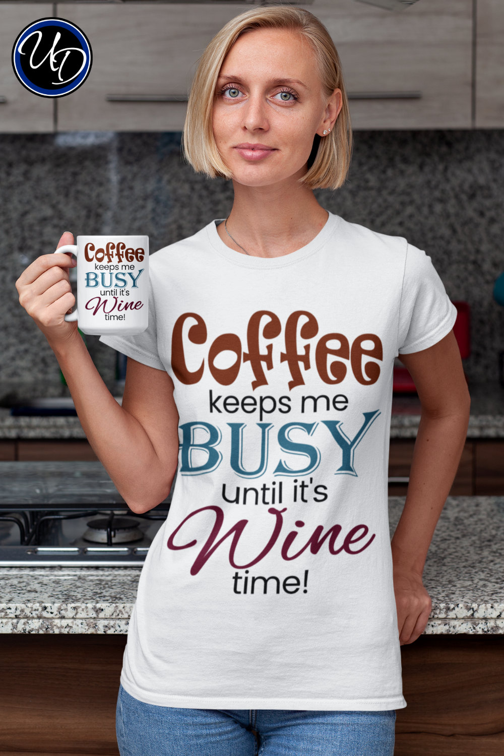 Coffee keeps me busy until it's wine time! design on t-shirt