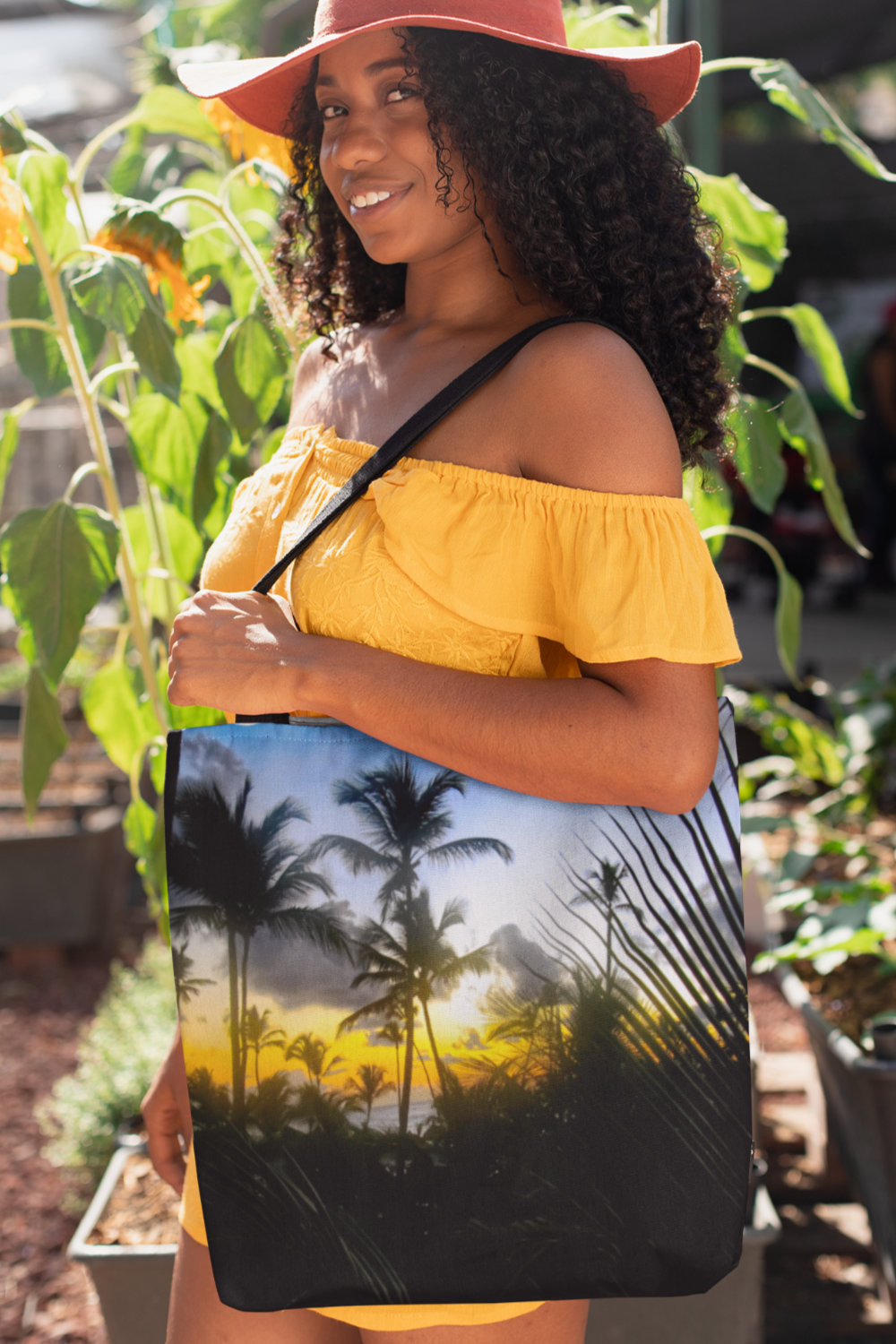 Tropical sunset print on tote bag