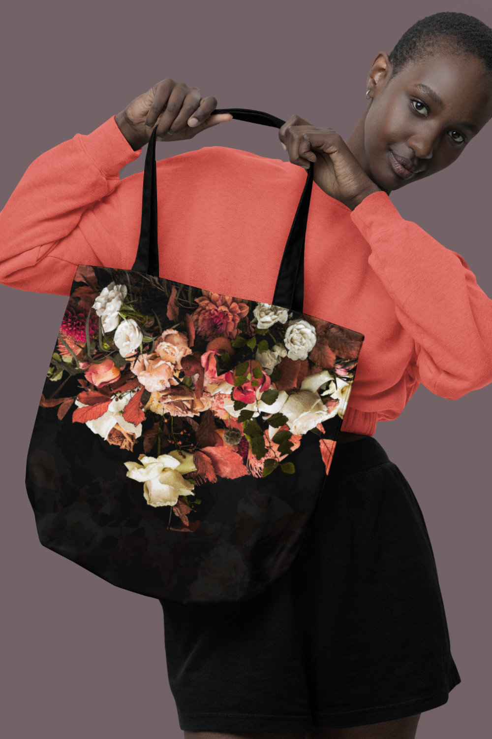 Upside down rustic fall flowers art on tote bag